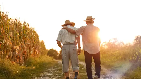 Una pareja de ancianos pasea durante un atardecer Una pareja de ancianos pasea durante un atardecer