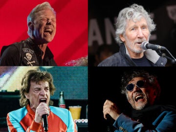 Combo de fotografías de archivo  James Hetfield, Roger Waters, Mick Jagger y Fito Páez