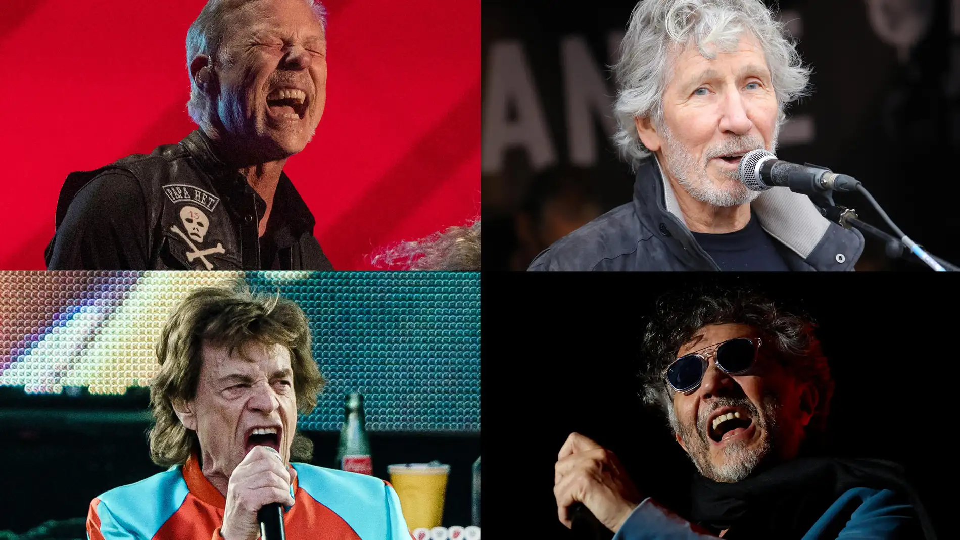 Combo de fotografías de archivo  James Hetfield, Roger Waters, Mick Jagger y Fito Páez