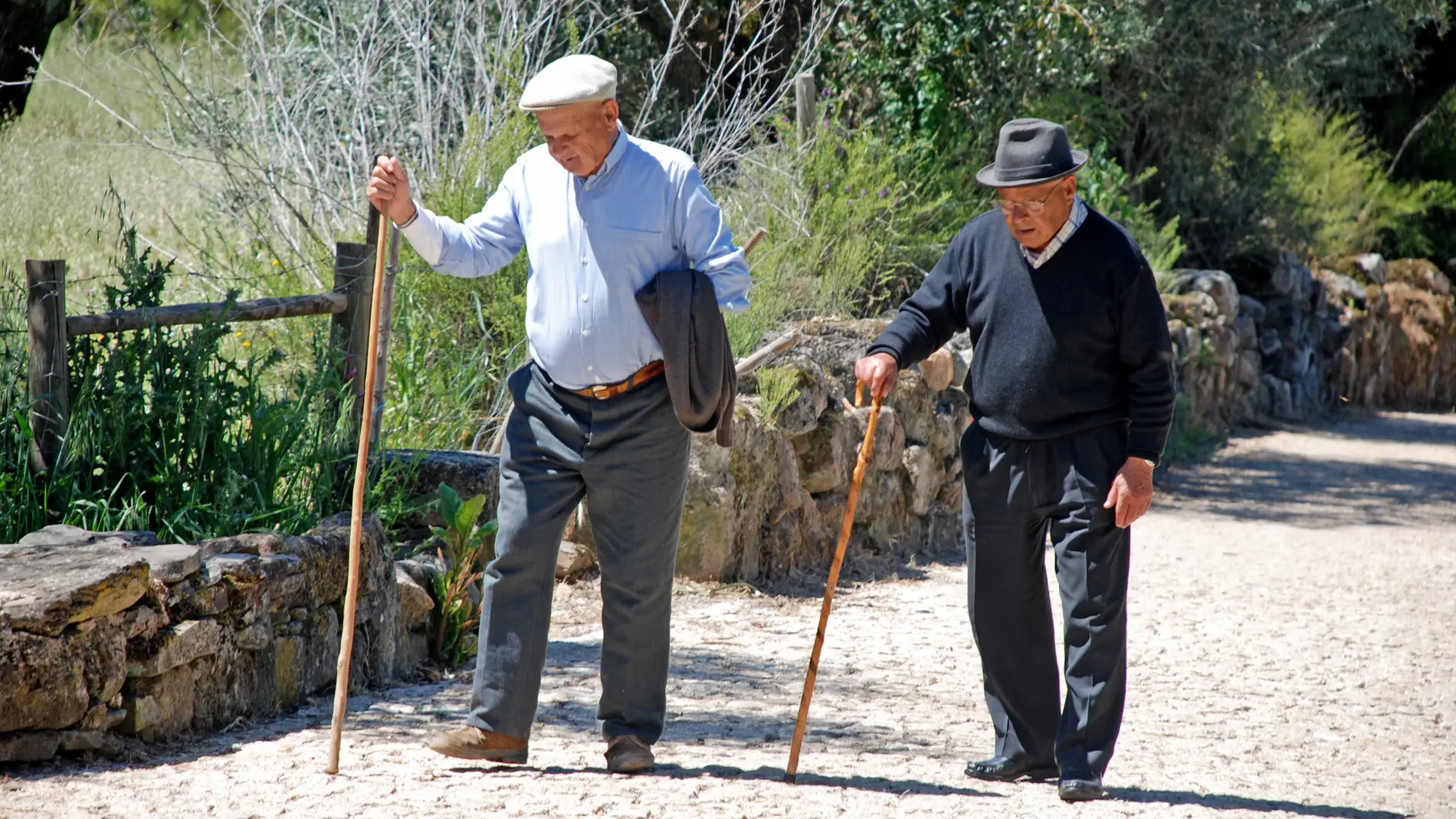 Hombres mayores paseando por un pueblo