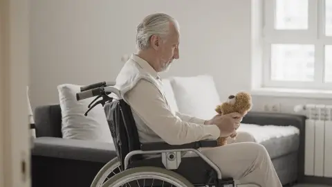 Hombre mayor en silla de ruedas sujetando un peluche Hombre mayor en silla de ruedas sujetando un peluche