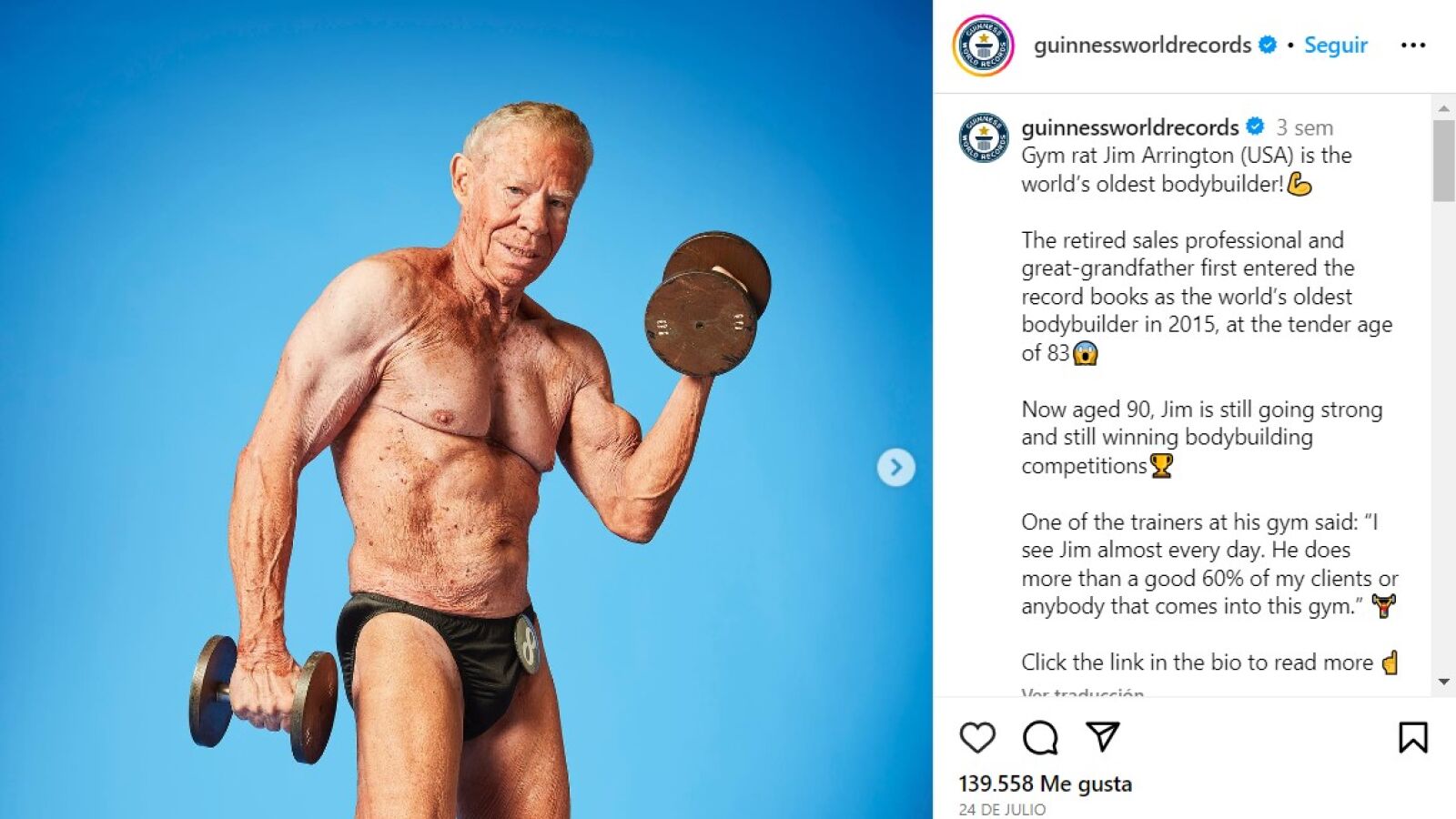 Jim Arrington, el culturista más longevo del mundo, comparte su secreto para estar así a sus 90 años