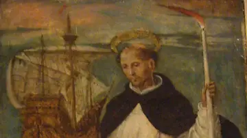 San Telmo, patrón de los marineros. Esta representación corresponde a un retablo que se encuentra en el Alcázar de Sevilla.