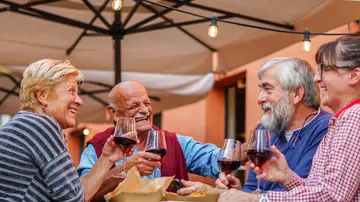 Grupo de personas mayores charlando y riendo mientras beben vino
