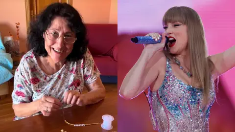 Montaje de la abuela swiftie de TikTok y de Taylor Swift durante su primer concierto en Madrid Montaje de la abuela swiftie de TikTok y de Taylor Swift durante su primer concierto en Madrid