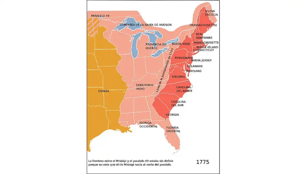 Las Trece Colonias americanas, la provincia de Quebec y el Territorio Indio según el decreto real de 1763.