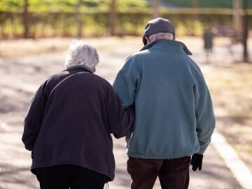 Una pareja de personas mayores paseando por el parque