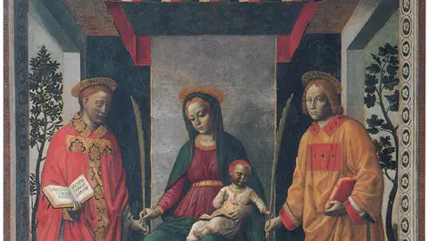 La Virgen María y el Niño con los Santos Faustino y Jovita por Vincenzo Foppa. La Virgen María y el Niño con los Santos Faustino y Jovita por Vincenzo Foppa.