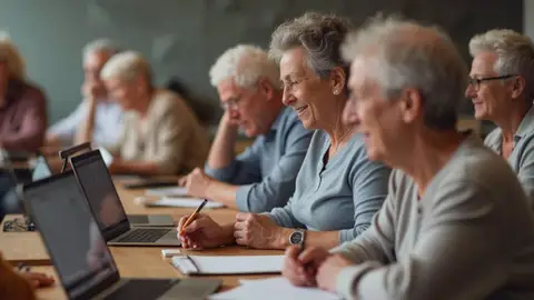 Personas mayores con ordenadores aprendiendo Personas mayores con ordenadores aprendiendo