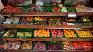 Frutas y verduras en un supermercado.