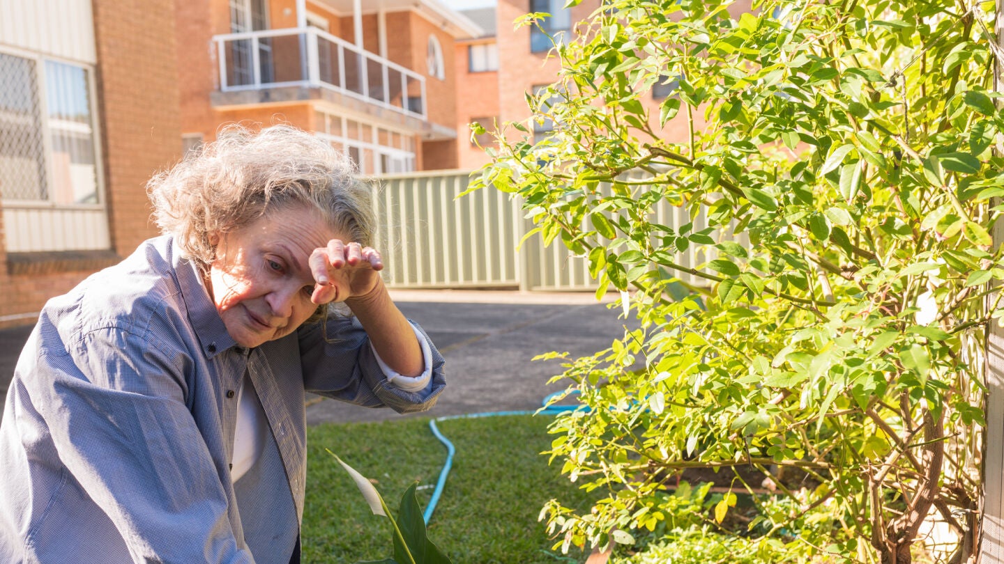 Mujer mayor practicando jardiner&iacute;a y con calor