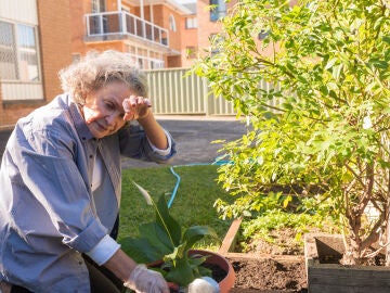 Mujer mayor practicando jardiner&iacute;a y con calor