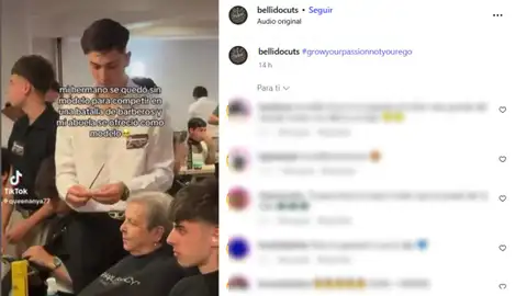 Se queda sin modelo para cortar el pelo en una competición de barberos y su abuela se ofrece Se queda sin modelo para cortar el pelo en una competición de barberos y su abuela se ofrece