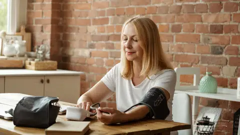 Mujer tomándose la tensión arterial Mujer tomándose la tensión arterial