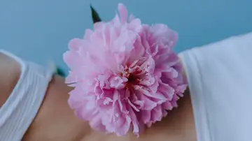 Una toma en primer plano que destaca una vibrante peonía rosa colocada sobre piel desnuda, irradiando elegancia y simplicidad. Una toma en primer plano que destaca una vibrante peonía rosa colocada sobre piel desnuda, irradiando elegancia y simplicidad.