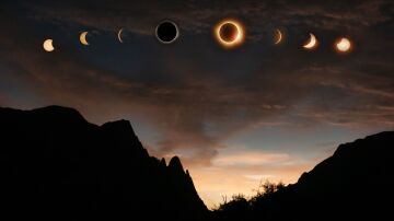 Secuencia de fases del eclipse solar capturadas sobre la dram&aacute;tica silueta de Lerdo, M&eacute;xico, al atardecer.