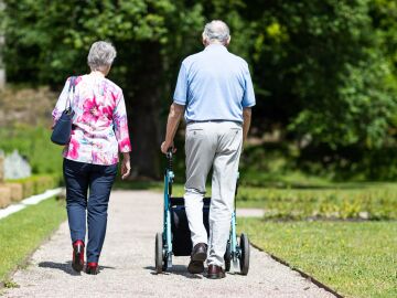 Pareja de ancianos caminando en un parque durante el verano, apoyando la movilidad y la uni&oacute;n.