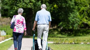 Pareja de ancianos caminando en un parque durante el verano, apoyando la movilidad y la uni&oacute;n.