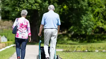 Pareja de ancianos caminando en un parque durante el verano, apoyando la movilidad y la unión. Pareja de ancianos caminando en un parque durante el verano, apoyando la movilidad y la unión.