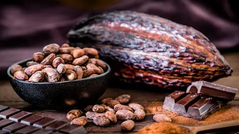 Granos de cacao y tableta de chocolate Granos de cacao y tableta de chocolate