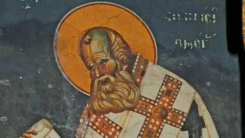 Fresco de San Atanasio en la iglesia de Theotokos Peribleptos en Ohrid, Macedonia Fresco de San Atanasio en la iglesia de Theotokos Peribleptos en Ohrid, Macedonia