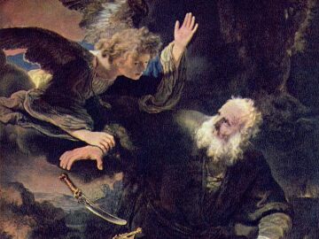 Abraham a punto de sacrificar a Isaac y la intervenci&oacute;n del &aacute;ngel. &Oacute;leo por Rembrandt.