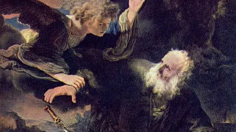 Abraham a punto de sacrificar a Isaac y la intervención del ángel. Óleo por Rembrandt. Abraham a punto de sacrificar a Isaac y la intervención del ángel. Óleo por Rembrandt.