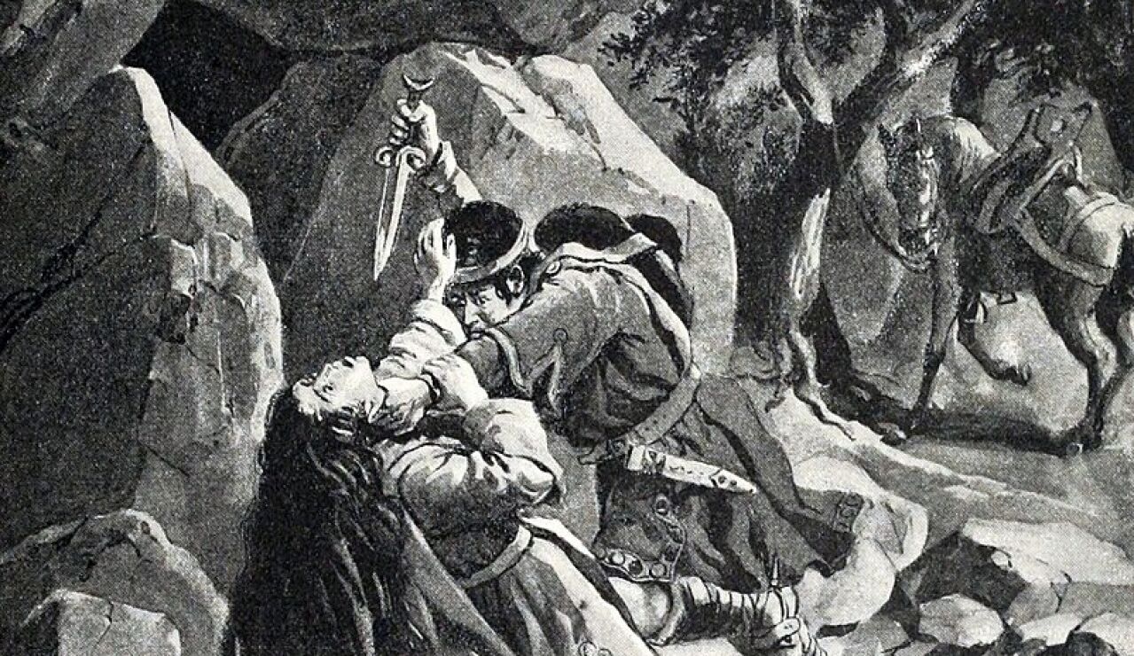 El asesinato de Ir&iacute;a, litografio de Manuel Macedo y Alfredo Roque Gameiro, 1904.