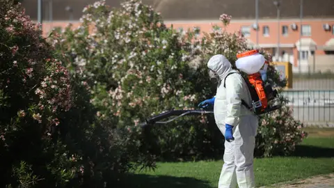 Un operario inician las labores de fumigación y el tratamiento de imbornales contra el mosquito para prevenir el Virus del Nilo Un operario inician las labores de fumigación y el tratamiento de imbornales contra el mosquito para prevenir el Virus del Nilo